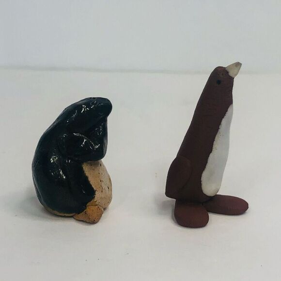 handmade handcrafted clay pottery penguins brown and black glazed 2.5 3 inch - Picture 1 of 12